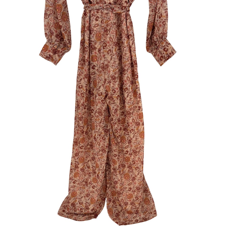 On Twelfth Floral Wide Leg Jumpsuit Womens Medium Rust Boho Metallic Long Sleeve - Picture 10 of 13